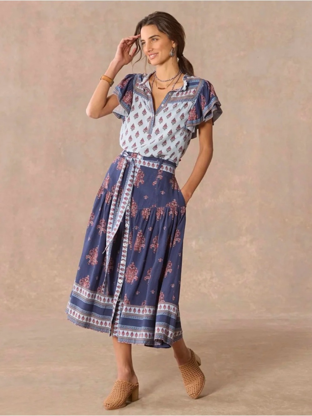 Sundance Folklore Ruffle Navy Shirt & Skirt Matching Set Size Medium